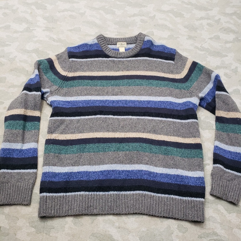 L.L Bean Sweater Mens XL Blue Striped Lambswool Crewneck Pullover Outdoors Knit